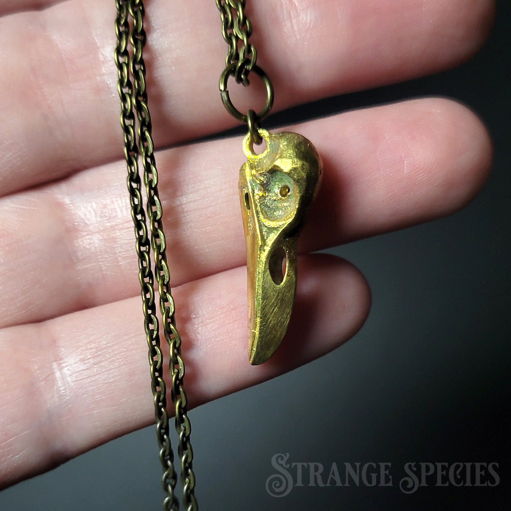 Brass Raven Skull Pendant Necklace