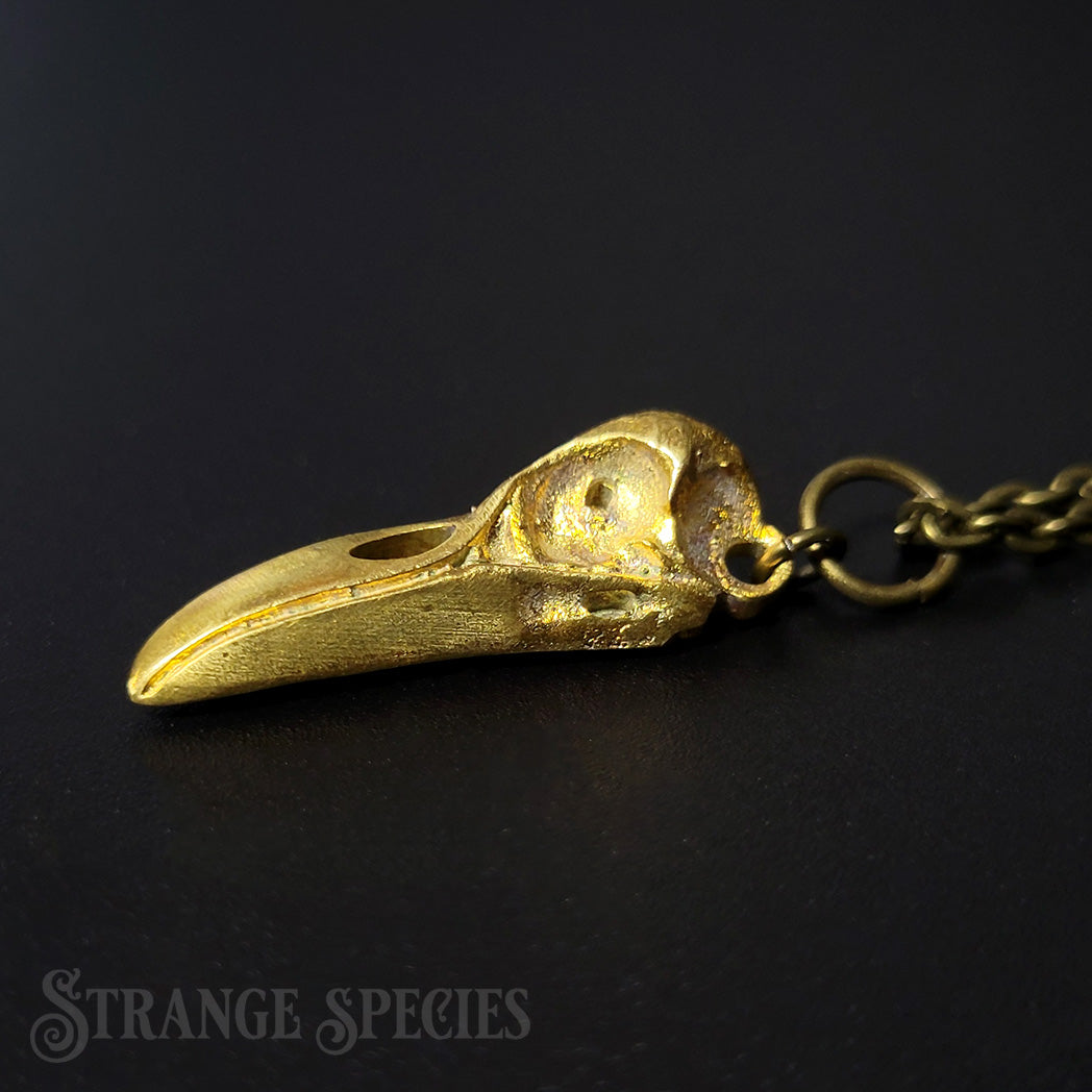 Brass Raven Skull Pendant Necklace