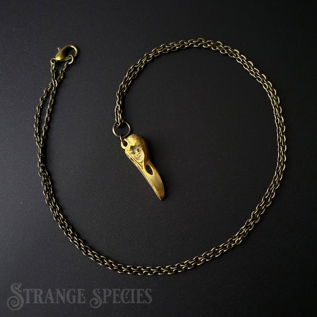 Brass Raven Skull Pendant Necklace